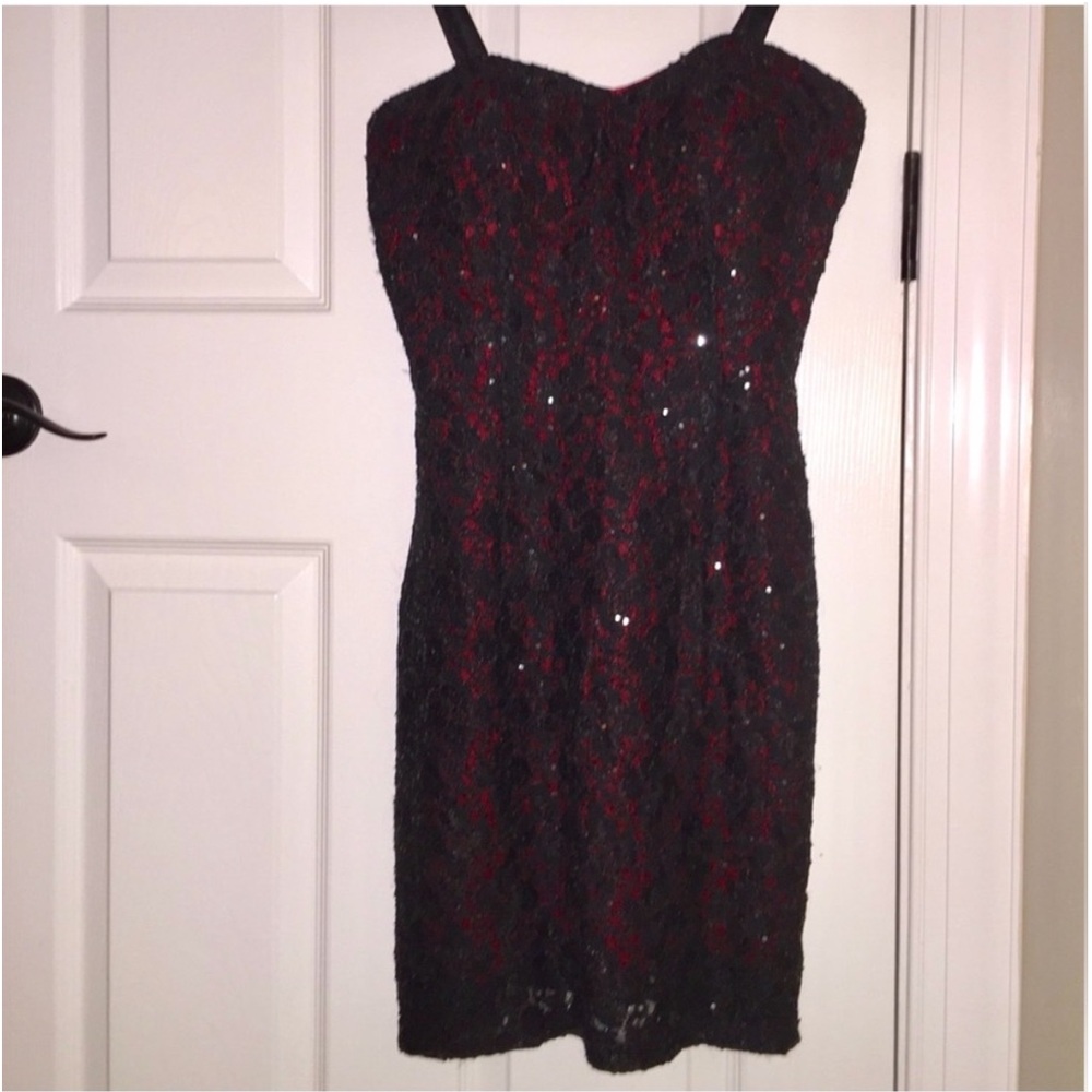 Poly USA Red Spaghetti Strap Cocktail Dress with Black Lace Sequin Overlay Sz M